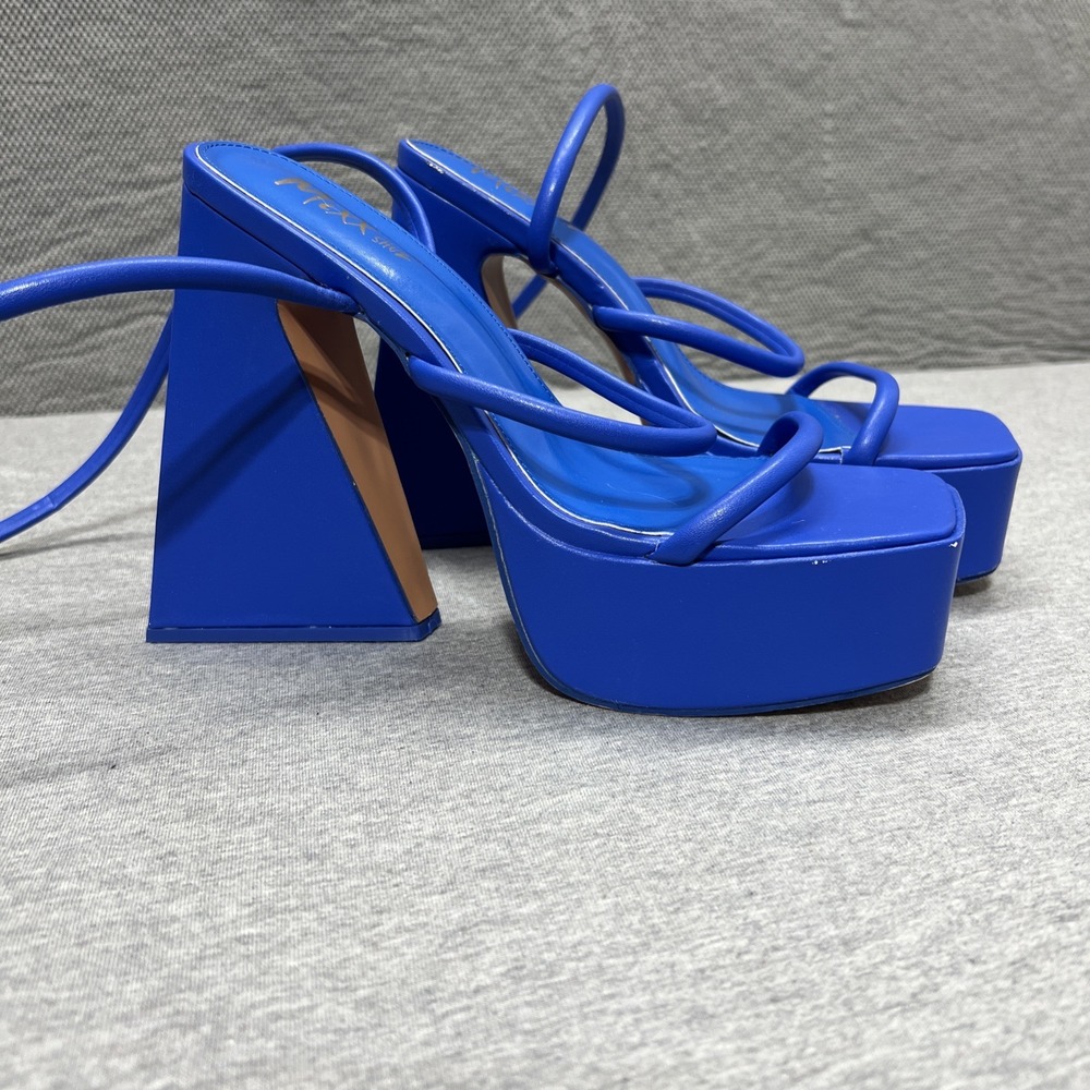 Mixx Shuz Platforms Blue Satin Heels Shoe Women's Size 8.5 Ankle Wrap Straps